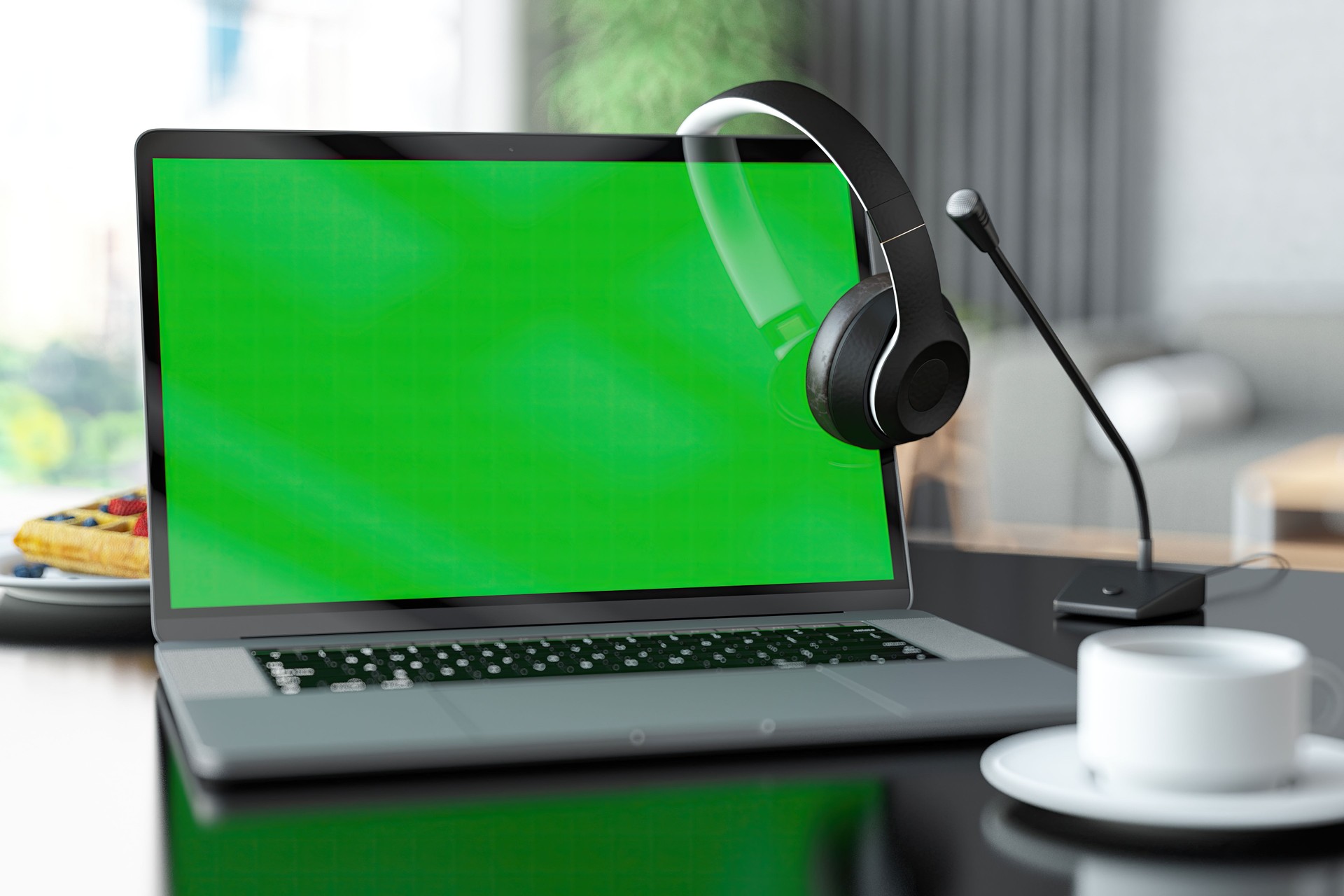 Laptop with Green Screen Headset and Microphone